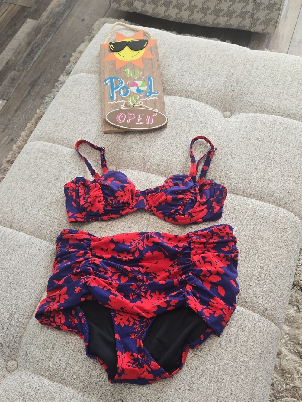 Lands' End Navy and Bright Red Floral Bikini